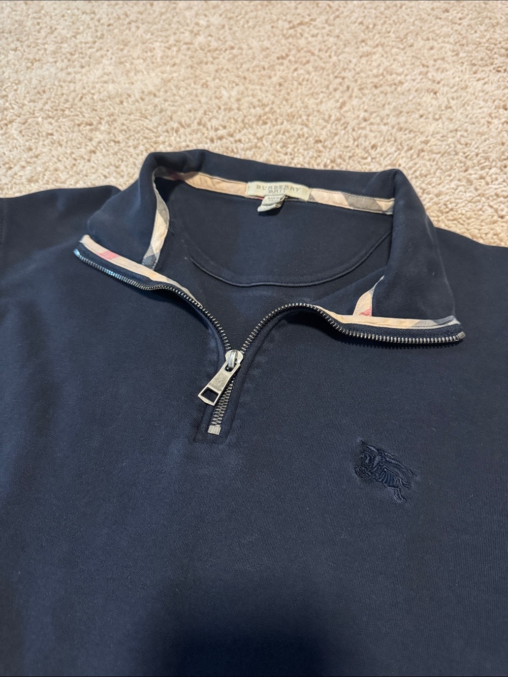 Authentic Burberry Navy Half-Zip Pullover with Stripe-Trim Collar - Picture 2 of 4